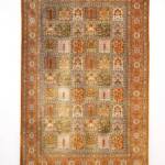 Esfahani Persian Rug Gallery
 ORIGIN: IRAN/ STYLE: QUM/ DESIGN: 4 SEASON
 PILE: SILK / FOUNDATION: SILK
 LENGTH FT: 4.89/ WIDTH FT: 3.18/ SQF: 15.56
 LENGTH M: 1.49 / WIDTH M: 0.97/ SQM: 1.45
 APPROX AGE: OVER 20 YEARS NEW/ APPROX KPSI: 600
 INVENT # 1021	


